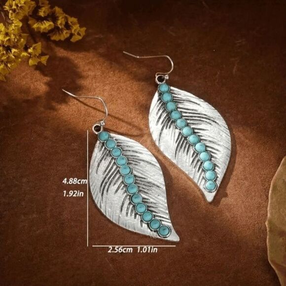 Bohemian Western Leaf Shaped Silver Turquoise Earrings - Picture 4 of 6